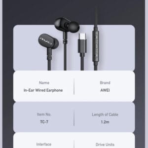 Awei Slušalice AWEI TC-7 Bubice USB-C w/microphone Crne - Slika 6