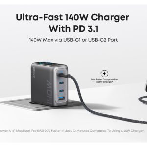 Anker 140W GaN zidni brzi punjač, 4-porta (3x USB-C, 1x USB-A) sa ... - Slika 6