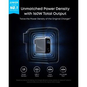 Anker Prime 160W GaN zidni brzi punjač, 3-porta (3x USB-C) srebrni - Slika 1
