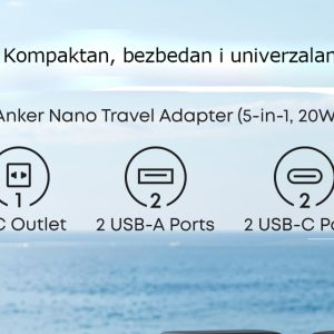 Anker Nano 20W putni zidni punjač 5-portova (2x USB-A, 2x USB-C, utičnica EU na US, UK, AU i EU), crni - Slika 1