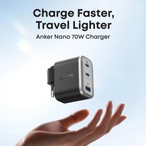 Anker Nano 70W GaN zidni brzi punjač, 3-porta (2x USB-C i 1x USB-A) crni - Slika 1