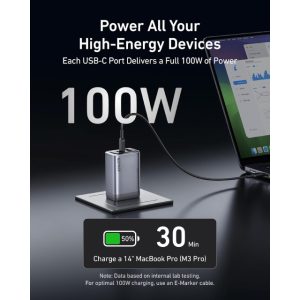 Anker Prime 100W GaN zidni brzi punjač, 3-porta (2x USB-C i 1x USB-A) srebrni - Slika 4