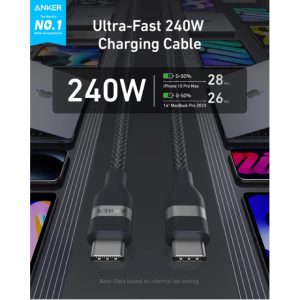 Anker USB tip-C kabl M/M 1.8m, za Super brzo punjenje 240W/480Mbps, pleteni, crni - Slika 1