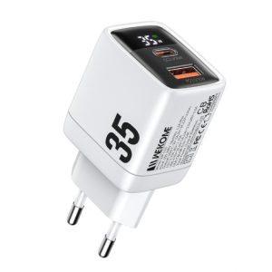 Wekome WP-U25 Super brzi Strujni GaN Punjač, 2-porta USB (3.0 i 3.1 Tip-C) 35W, sa displejom, beli - Slika 1