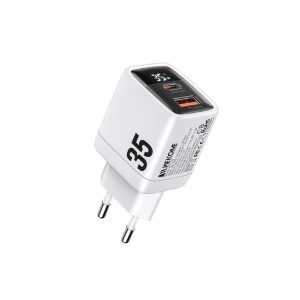 Wekome WP-U25 Super brzi Strujni GaN Punjač, 2-porta USB (3.0 i 3.1 Tip-C) 35W, sa displejom, beli - Slika 3