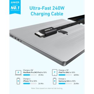 Anker Zolo USB tip-C kabl M/M 1.8m, za Apple, super brzo punjenje 240W/480Mbps, pleteni, crni - Slika 4