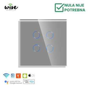 Wise pametni prekidač SLW – nije potrebna „nula“ žica – 4 tastera –stakleni panel sivi - Slika 1