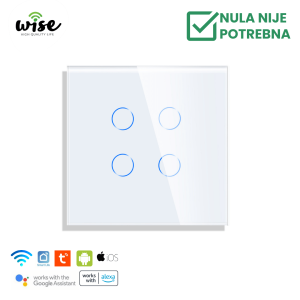 Wise pametni prekidač SLW – nije potrebna „nula“ žica – 4 tastera – stakleni panel beli - Slika 1