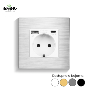 Wise utičnica 16A + USB-A/C punjač, aluminijum - Slika 1