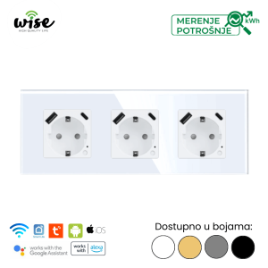 Wise trostruka pametna utičnica 16A sa merenjem potrošnje + USB A/C punjač – stakleni panel - Slika 2