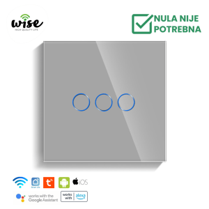 Wise pametni prekidač SLW – nije potrebna „nula“ žica – 3 tastera –stakleni panel sivi - Slika 1