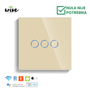 Wise pametni prekidač SLW – nije potrebna „nula“ žica – 3 tastera – stakleni panel krem - Slika 1