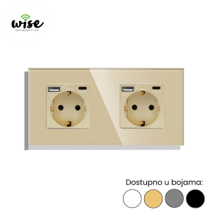 Wise dvostruka utičnica 16A + USB-A/C punjač, stakleni panel - Slika 3