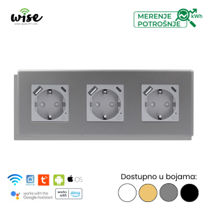 Wise trostruka pametna utičnica 16A sa merenjem potrošnje + USB A/C punjač – PVC panel - Slika 1
