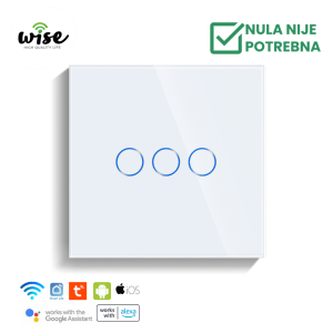 Wise pametni prekidač SLW – nije potrebna „nula“ žica – 3 tastera – stakleni panel beli - Slika 1
