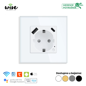 Wise pametna utičnica sa merenjem potrošnje i USB-A/C punjačem, stakleni panel - Slika 1
